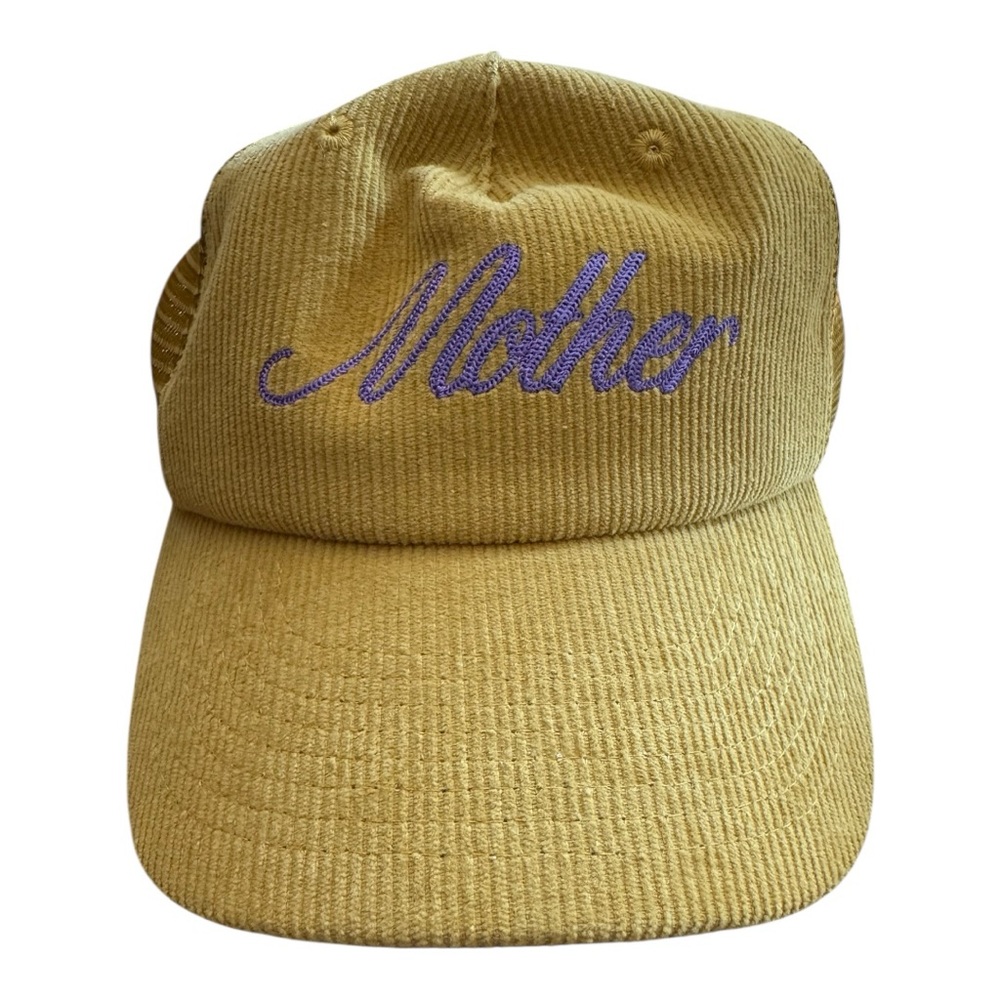 MOTHER Denim Corduroy Hat Mustard yellow with purple logo embroidery